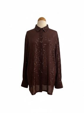Premier Amour Brown Sequin Long-Sleeve Button-Down Shirt